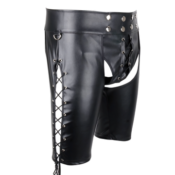 Sexy Gay PU Leather Lace Up Underwear / Open Butt Wetlook Bondage Shorts - EVE's SECRETS
